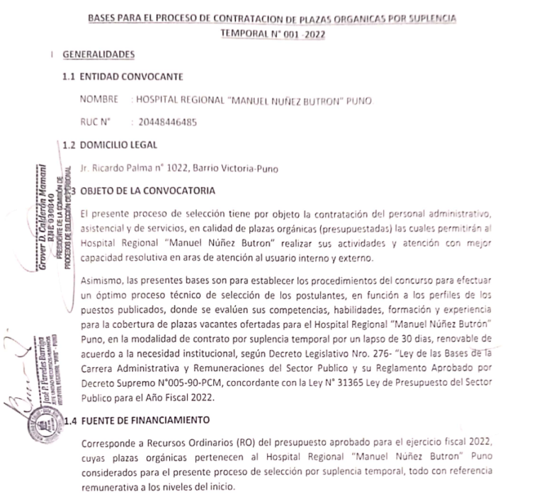 PERFILES DE LOS SERVICIOS CONVOCADOS -CONVOCATORIA  CONTRATACIÓN DE PLAZAS ORGÁNICAS POR SUPLENCIA TEMPORAL N° 001-2022