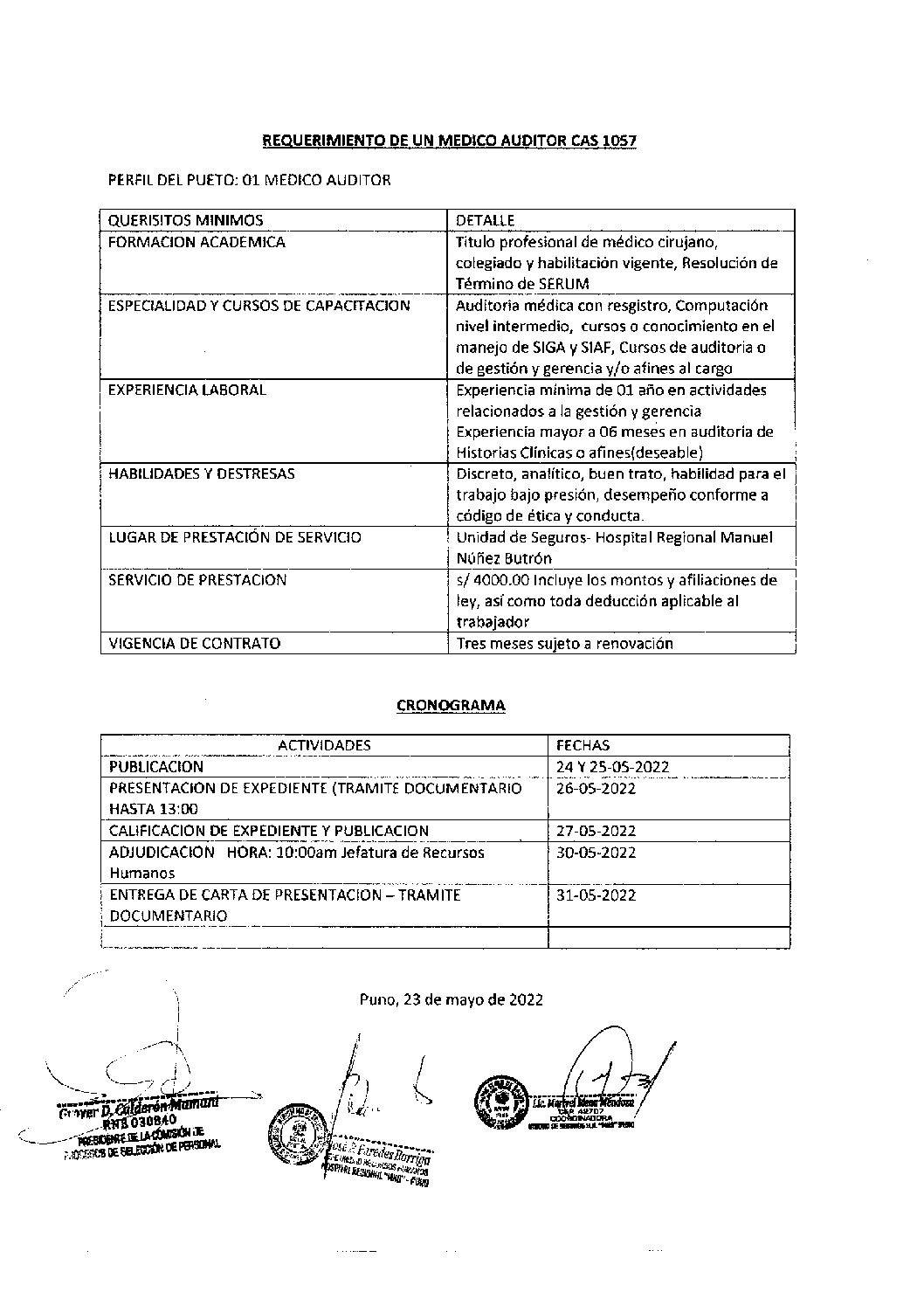 CONVOCATORIA, REQUERIMIENTO DE UN MEDICO AUDITOR- CAS 1057